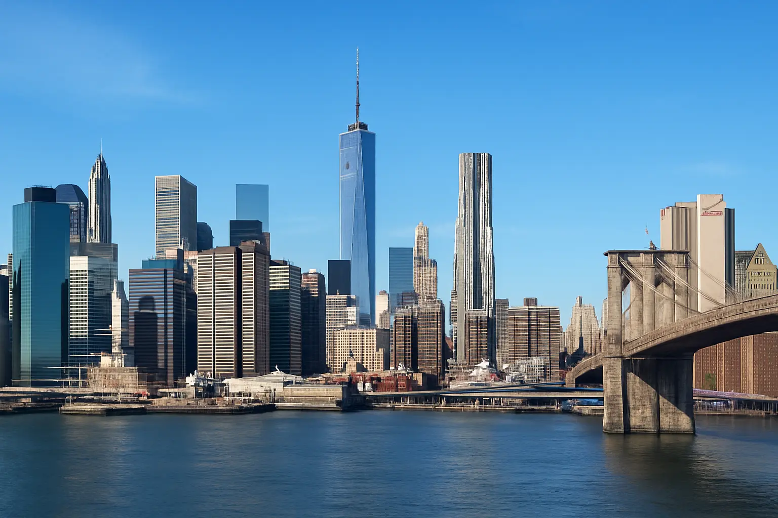 Lower Manhattan skyline and the Brooklyn Bridge, New York City