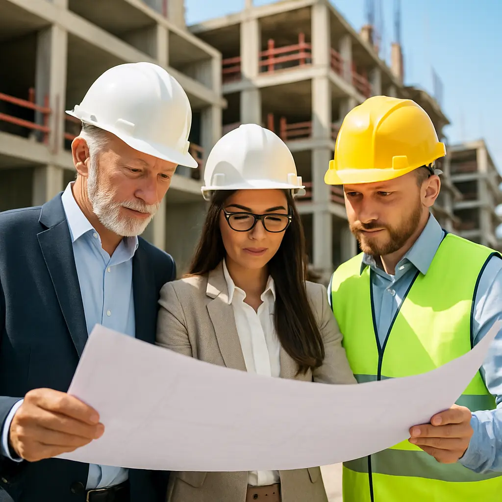 Building expediter reviewing plans with a project team at a construction site