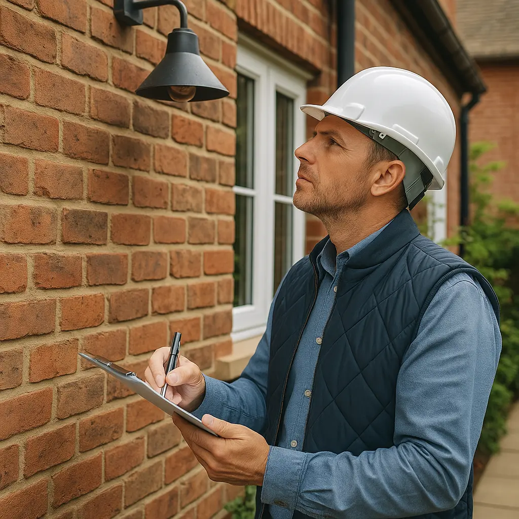 Inspector checking a building exterior for code violations