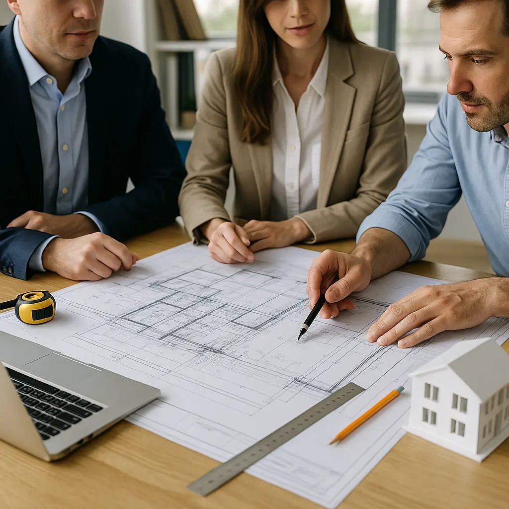 Architects and an expediter reviewing floor plans for a DOB filing
