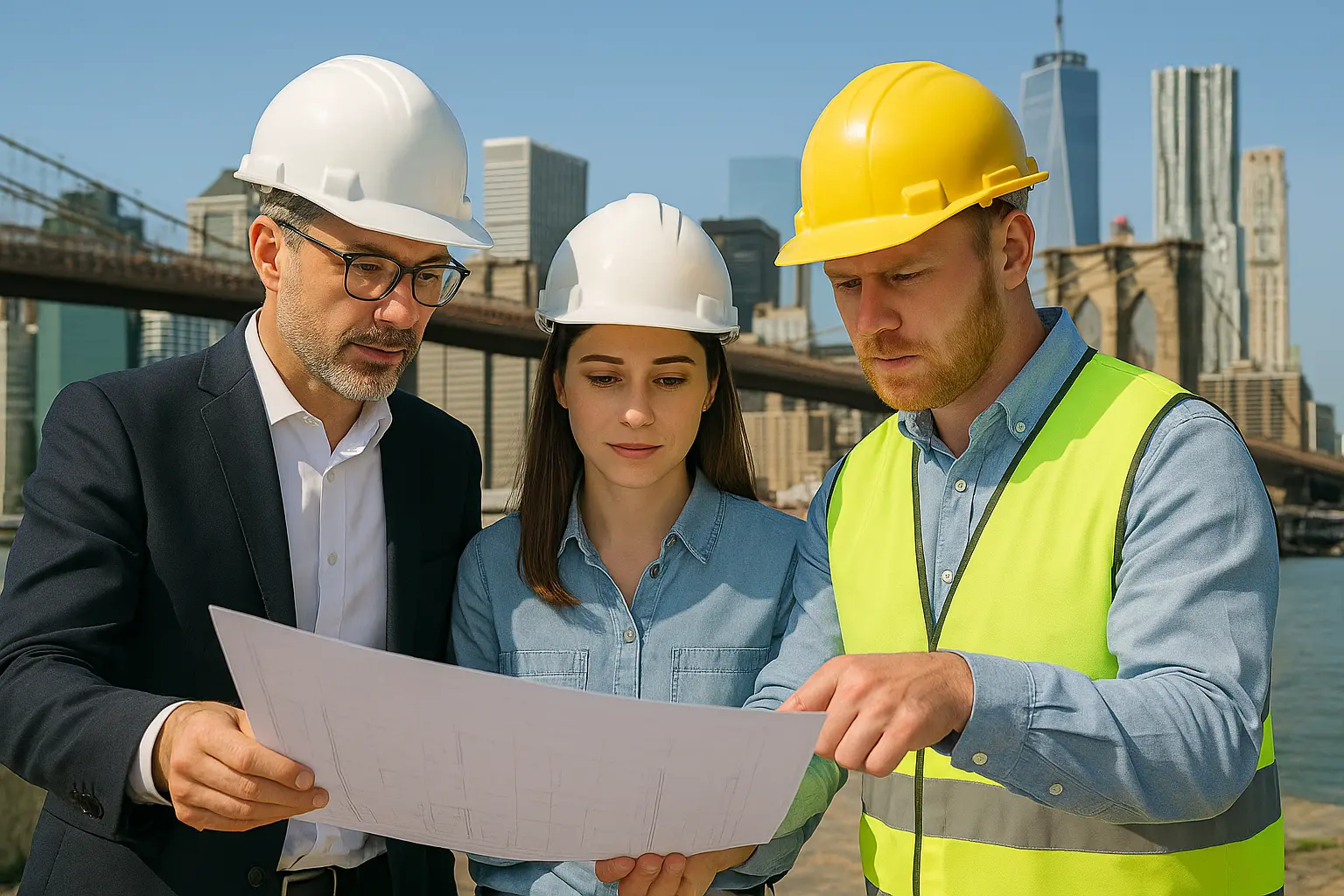 Expediter, architect and contractor reviewing plans near the Brooklyn Bridge in New York City